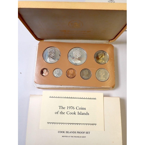 607 - Five Franklin Mint proof coin sets including Cook Islands 1976  eight coin set, 5 dollars .500 fine ... 