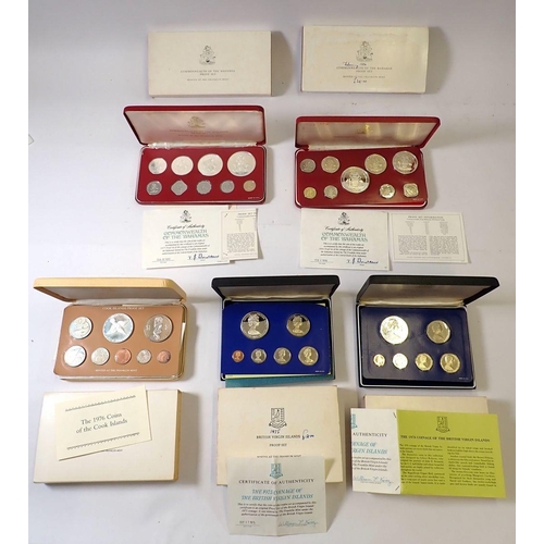 607 - Five Franklin Mint proof coin sets including Cook Islands 1976  eight coin set, 5 dollars .500 fine ... 