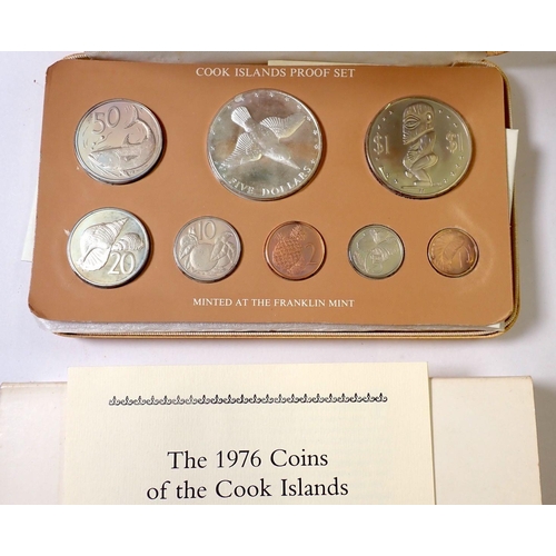 607 - Five Franklin Mint proof coin sets including Cook Islands 1976  eight coin set, 5 dollars .500 fine ... 