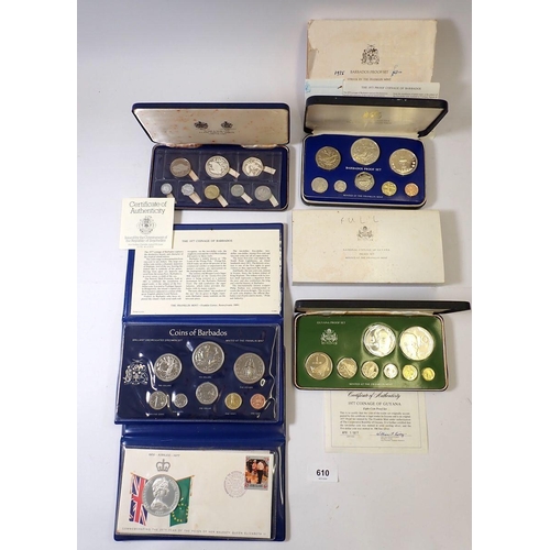 610 - A group of five coin sets including Franklin Mint Guyana 1977 proof set, 10 dollar sterling silver, ... 