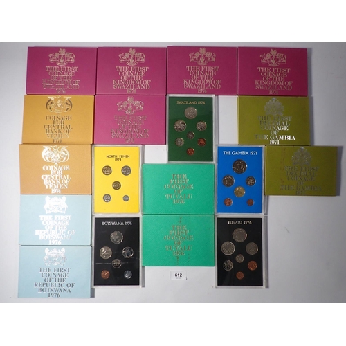 612 - Thirteen Commonwealth coin sets by Royal Mint including Tuvalu 1976 x 2, The Gambia 1971 x 2, Republ... 