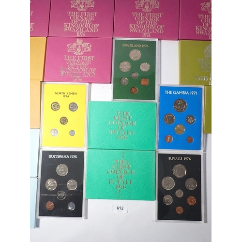 612 - Thirteen Commonwealth coin sets by Royal Mint including Tuvalu 1976 x 2, The Gambia 1971 x 2, Republ... 