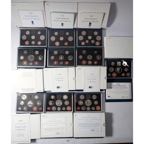 614 - Ten Royal Mint issue United Kingdom proof coin sets, years 1990 - 1999 Cond: Unc