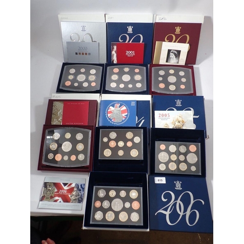 615 - Seven Royal Mint issue United Kingdom proof coin sets, dates 2000 - 2006 Cond: Unc