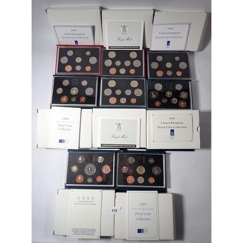 618 - Eight Royal Mint proof coin sets, 1889 and 1990 deluxe in red leather cases, 1989, 1990, 1992, 1993,... 