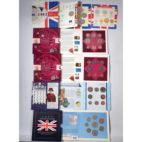 623 - Five United Kingdom brilliant uncirculated coin sets including 1992 containing EEC fifty pence, 1993... 