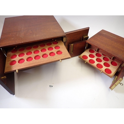 624 - Two mahogany coin cabinets, largest 29cm wide