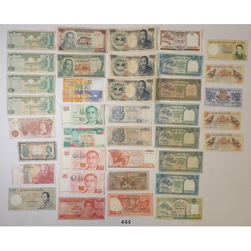 625 - A group of world banknotes including Bhutan, East Caribbean, England, Indonesia, Japan, Malay and Br... 