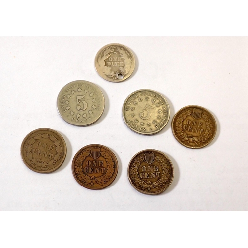 631 - A small group of 19th century USA coins including Indian head one cent 1859 (without shield) 1863, 1... 