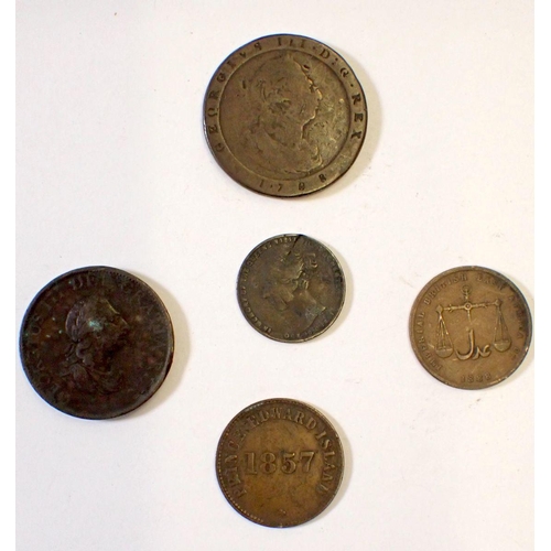 632 - A small group of copper / bronze coins including George III Isle of Man penny 1798, British half pen... 