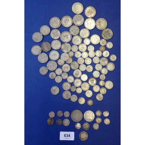 634 - A group of British silver coins, 458g pre 1947 and 51g pre 1920 includes Victoria 'Gothic' florin, E... 