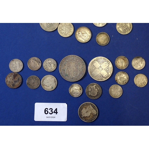 634 - A group of British silver coins, 458g pre 1947 and 51g pre 1920 includes Victoria 'Gothic' florin, E... 