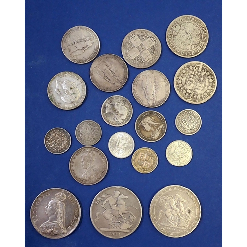 635 - A quantity of silver content coinage including: George III crown 1820 LX sixpences 1916 (2) George I... 