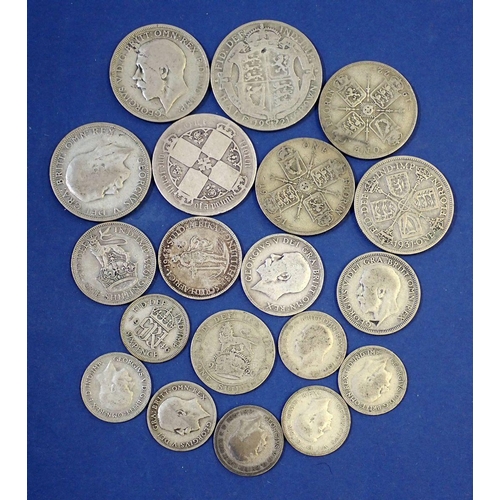 638 - A group of silver content coins including Victoria florin, George V half crown, florins x 5, shillin... 