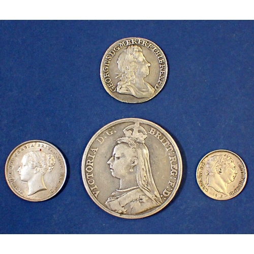 640 - Four silver British coins: Victoria crown 1890, Victoria shilling 1858, George III sixpence 1816 and... 