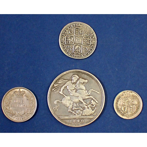 640 - Four silver British coins: Victoria crown 1890, Victoria shilling 1858, George III sixpence 1816 and... 