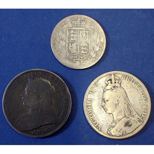 643 - Three Victoria silver coins, 1892 Jubilee head crown, 1896 veiled head crown, 1883 young head half c... 