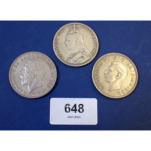 648 - Three silver crowns to include Victoria 1889, George V 1935 and George VI 1937, total weight 85 gram... 