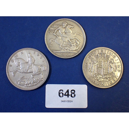 648 - Three silver crowns to include Victoria 1889, George V 1935 and George VI 1937, total weight 85 gram... 