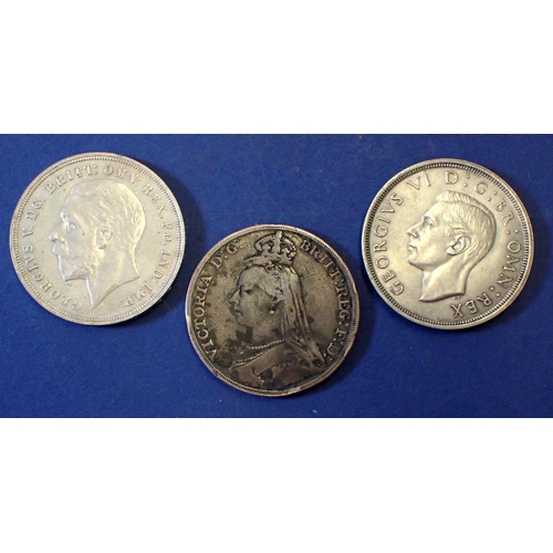 649 - Three silver content crowns including Victoria 1890 Jubilee bust, George V 1935 and George VI 1937 -... 