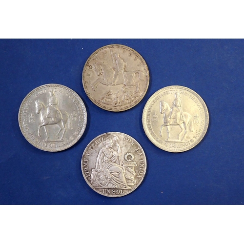 653 - Two silver content coins, Peru Un Sol 1888 .900 silver 25g, a George V 1935 crown plus two Elizabeth... 