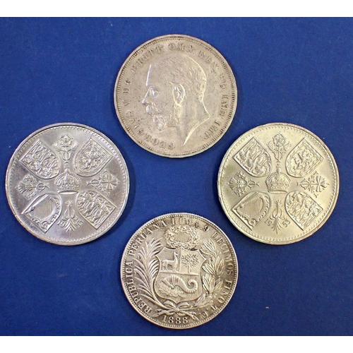 653 - Two silver content coins, Peru Un Sol 1888 .900 silver 25g, a George V 1935 crown plus two Elizabeth... 