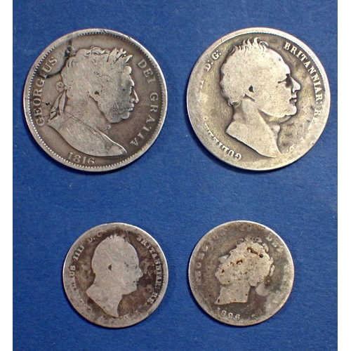 657 - A George III half crown 1816, George IV shilling 1826, William IV half crown date rubbed and shillin... 