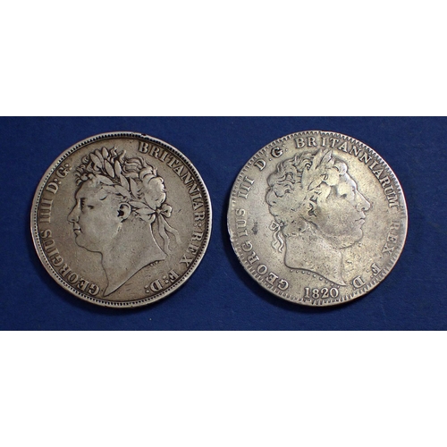 658 - Two silver crowns, George III 1820 and George IV 1821, Cond: Good - Fine