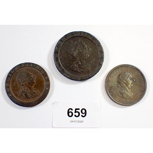 659 - Three George III coins including 1797 cartwheel penny, 1797 cartwheel twopence and an 1806 penny, Co... 