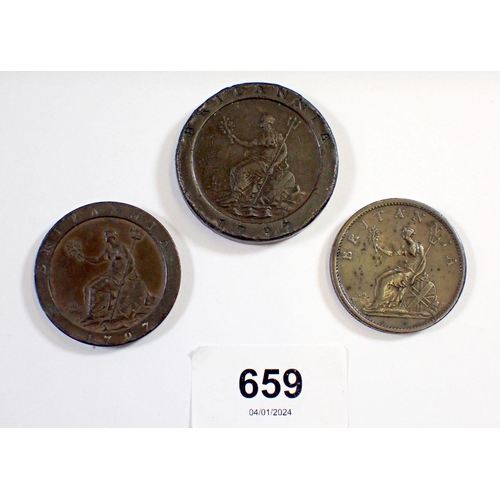 659 - Three George III coins including 1797 cartwheel penny, 1797 cartwheel twopence and an 1806 penny, Co... 