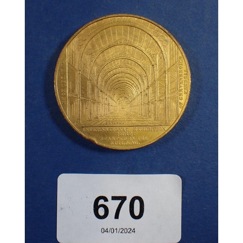 670 - A Prussian International Exhibition 1862 gold plated on bronze medal, 'To the commemoration of his l... 