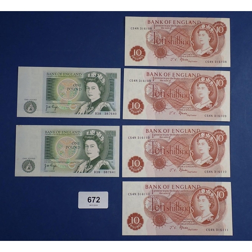 672 - Six Bank of England banknotes including Ten Shilling notes x 4 J.S Fforde consecutive serial numbers... 