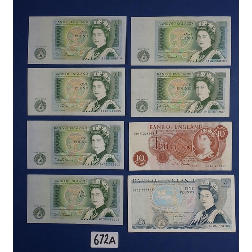 672A - Eight Elizabeth II Bank of England banknotes including One Pound note x 6 DHF Somerset on 5 and JB P... 