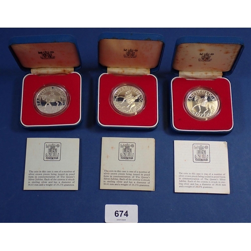 674 - Three Royal Mint silver proof crowns 1977 Silver Jubilee, all cased, each coin 28.276g, Cond: Unc