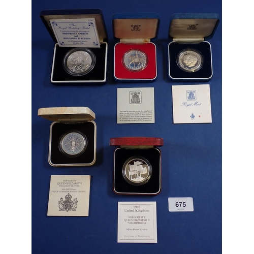 675 - Five Royal Mint silver crowns to include Royal interest 1977, 1980, 1981, 1986 and 1996, all cased, ... 