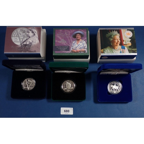 680 - Three Royal Mint silver crowns to include a 2000 piedfort Queen Mother centenary, 2001 Victoria Anni... 