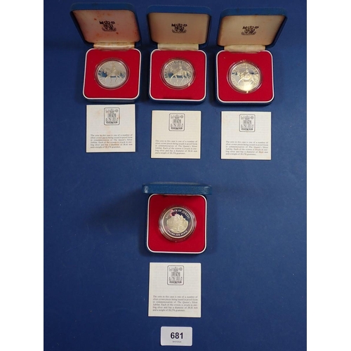 681 - Four Elizabeth II 1977 Silver Jubilee crowns in sterling silver, each cased with COA, 28.276g each