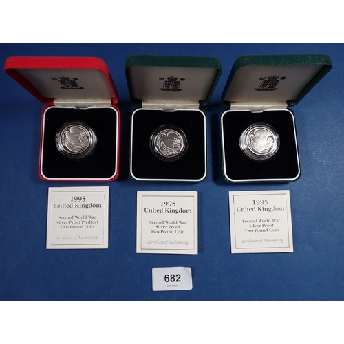 682 - Three Royal Mint silver proof two pound coins, one piedfort, two standard, 1995 Second World War, al... 