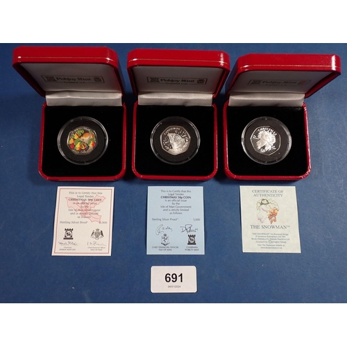 691 - Three Pobjoy Mint Isle of Man silver proof Christmas fifty pences, 2003, 2004 and 2005, all cased Co... 