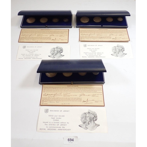 694 - Three Elizabeth II 1972 Jersey Royal Wedding anniversary silver coins sets, four coins in each to in... 