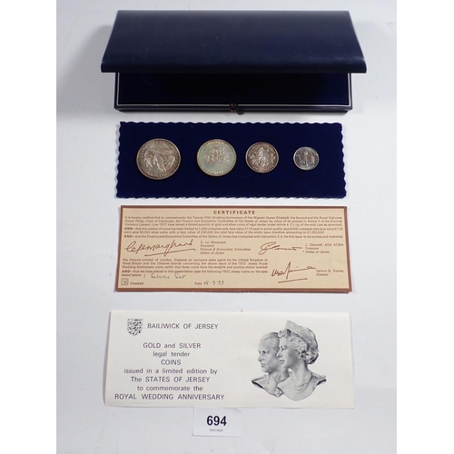 694 - Three Elizabeth II 1972 Jersey Royal Wedding anniversary silver coins sets, four coins in each to in... 