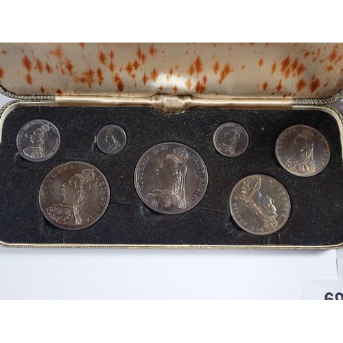 695 - A Victoria Jubilee specimen set 1887 containing seven silver coins in presentation case, total weigh... 