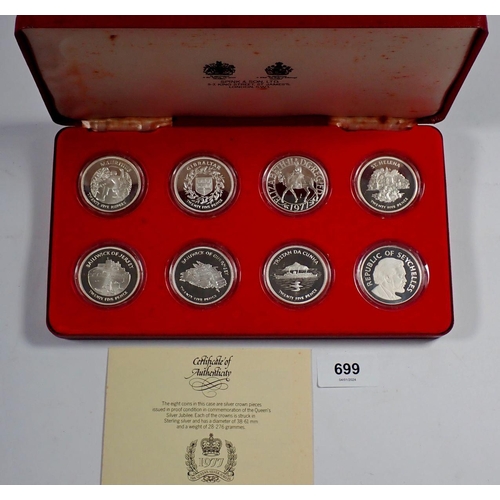 699 - An Elizabeth II 1977 Silver Jubilee set of eight silver proof crowns in Spink & Son Ltd presentation... 