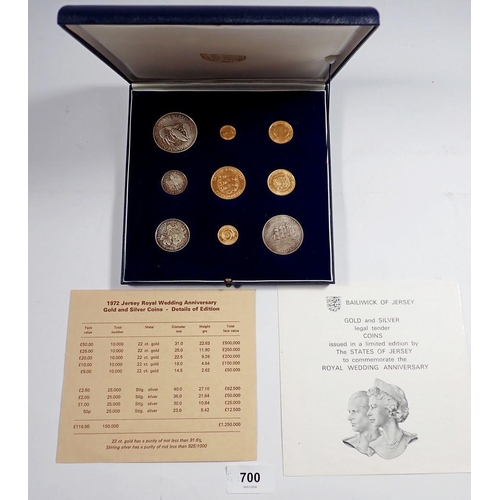 700 - An Elizabeth II 1972 Jersey Royal Wedding anniversary gold and silver coins set to include five 22ct... 