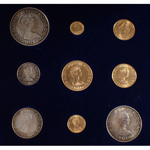 700 - An Elizabeth II 1972 Jersey Royal Wedding anniversary gold and silver coins set to include five 22ct... 