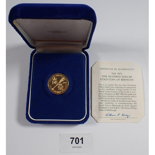 701 - An Elizabeth II Bermuda one hundred dollars gold coin to commemorate the Royal Visit Feb 16th 1975, ... 