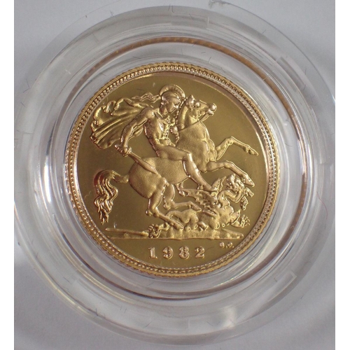 702 - An Elizabeth II 1982 gold proof half sovereign, leather case, Cond: Unc