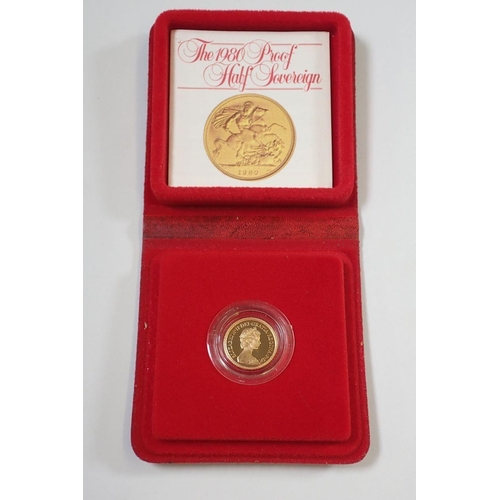 706 - An Elizabeth II 1980 gold proof half sovereign, leather case, Cond: Unc