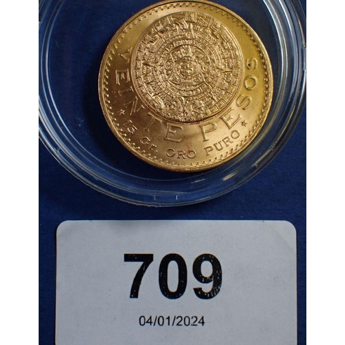 709 - A Mexican Veinte 20 pesos gold coin 1959, 16.7g - Cond: VF - EF