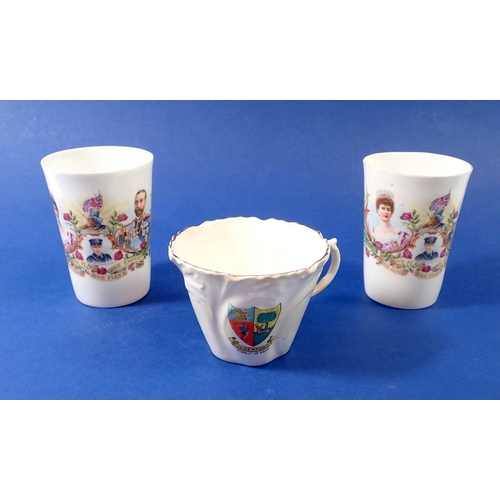 76 - A Forest of Dean souvenir tea cup - no saucer and two One Flag-One Empire commemorative tumblers